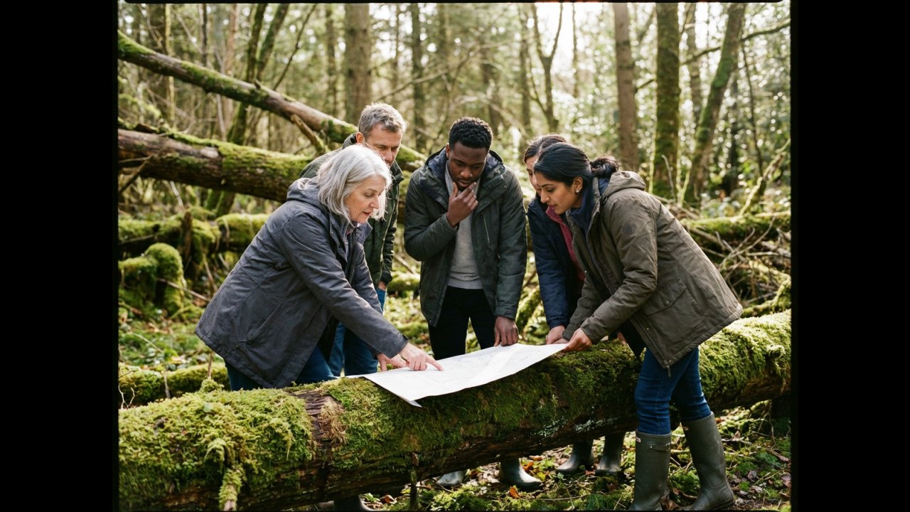Outdoor Mystery Escape Room . People looking at a map in a woodland setting.