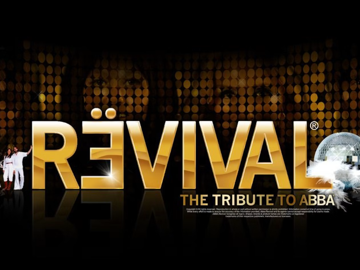 Revival: The Tribute to Abba golden logo against a shimmery background with members on one site and a disco ball on the other