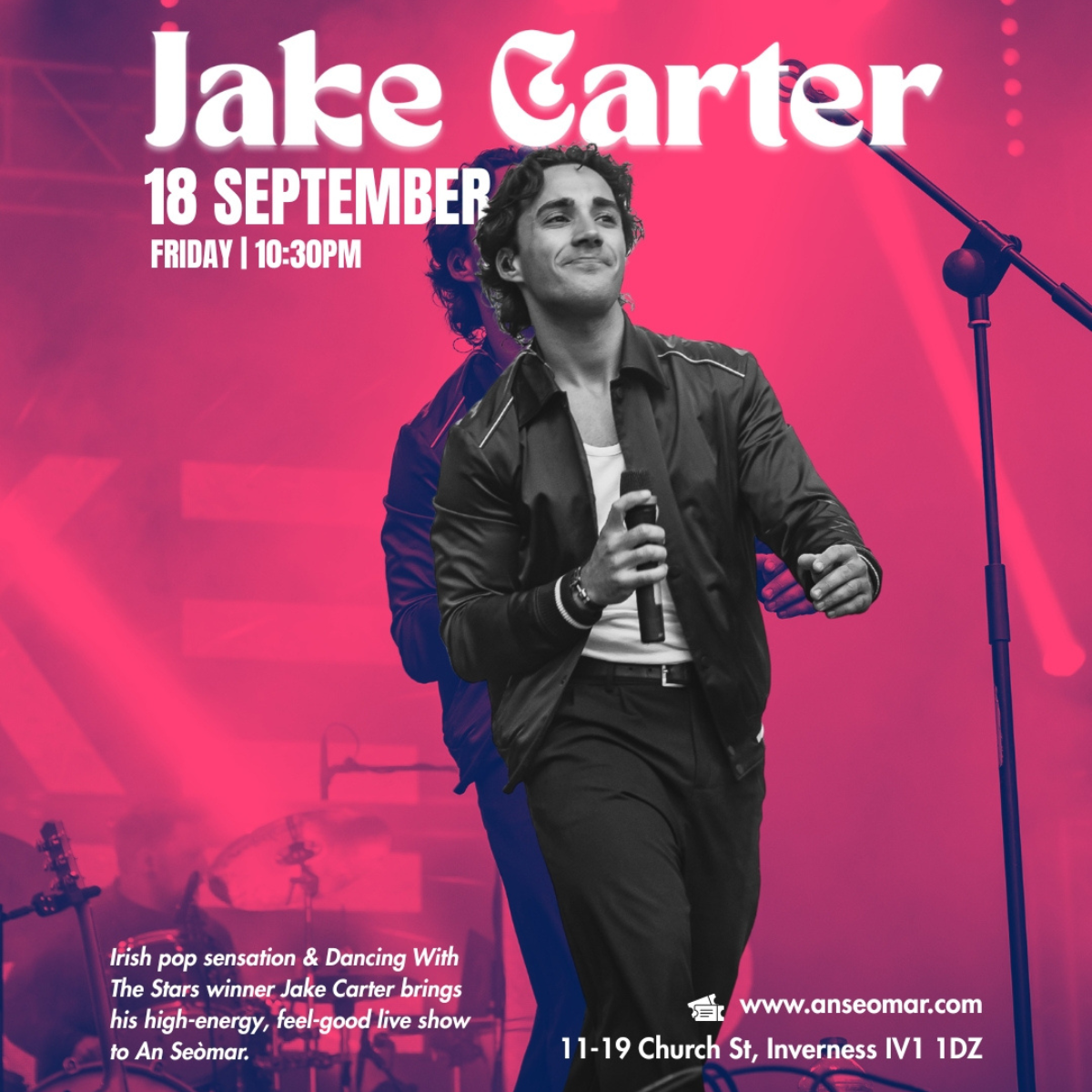 A photo of Jake Carter poster with a pink background and information about his performance 