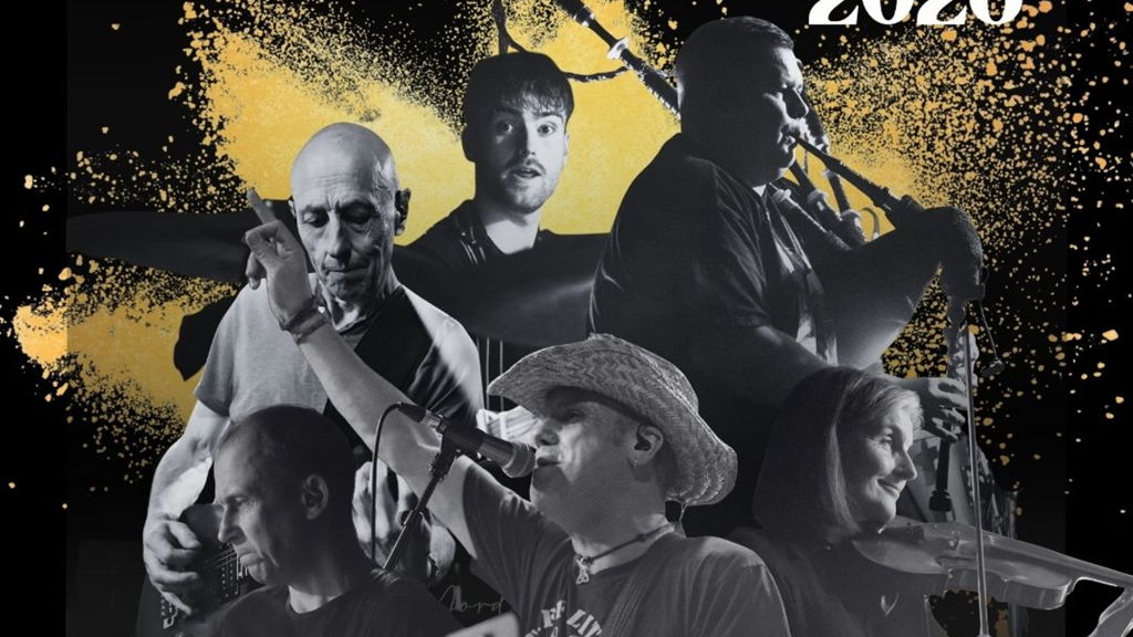 RhythmnReel band in black and white with a yellow splash background